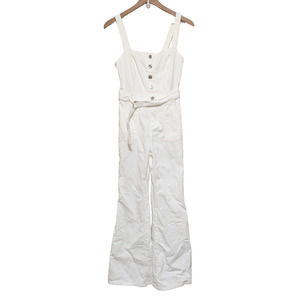 Forever 21 S White Sleeveless Button Up Belted Denim Overalls Jumpsuit Flare Leg